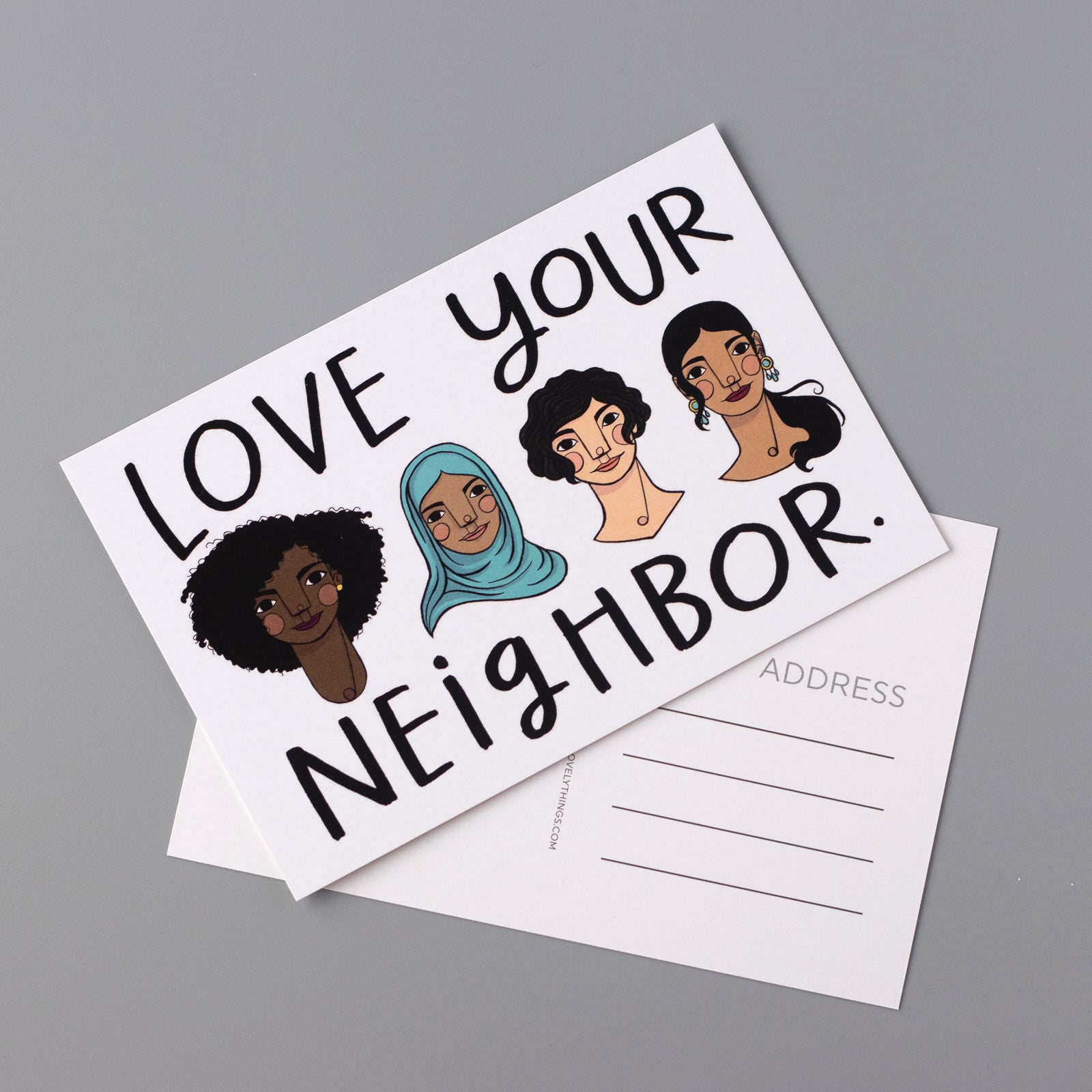 "Love Your Neighbor" postcards feature an image of four diverse women on a white background. Illustrated by Kim Bonner.