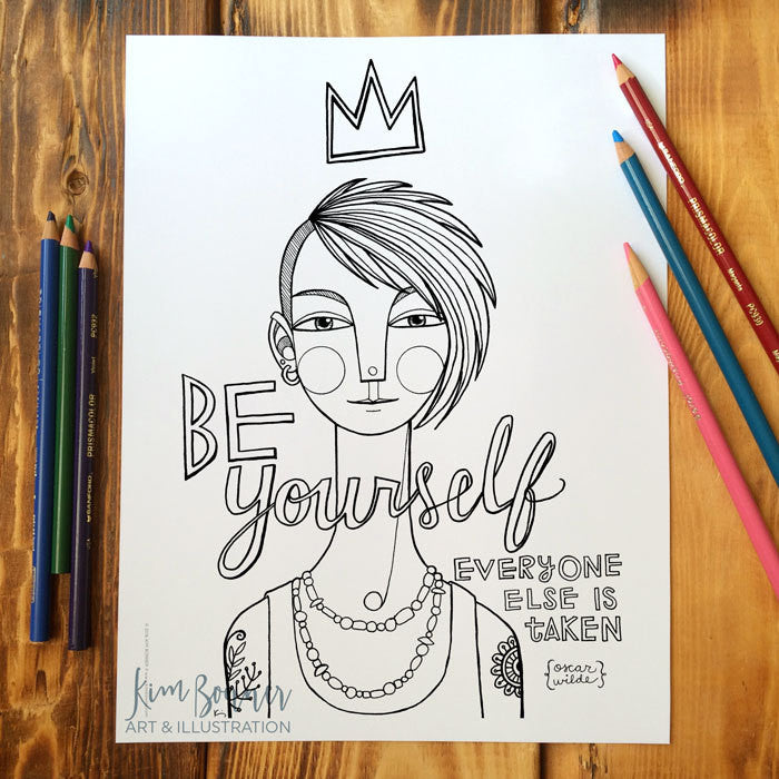 coloring page of a girl wearing a crown and a quote by Oscar Wilde