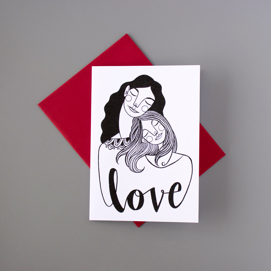 Coloring card by Kim Bonner. Image of a mother and daughter with the word "Love".